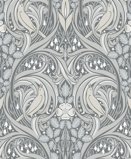 Seabrook Bird Scroll Grey Wallpaper