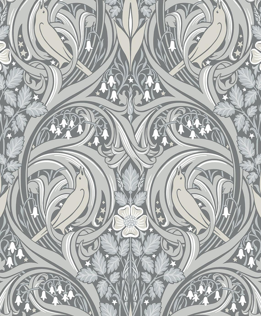 Seabrook Bird Scroll Grey Wallpaper