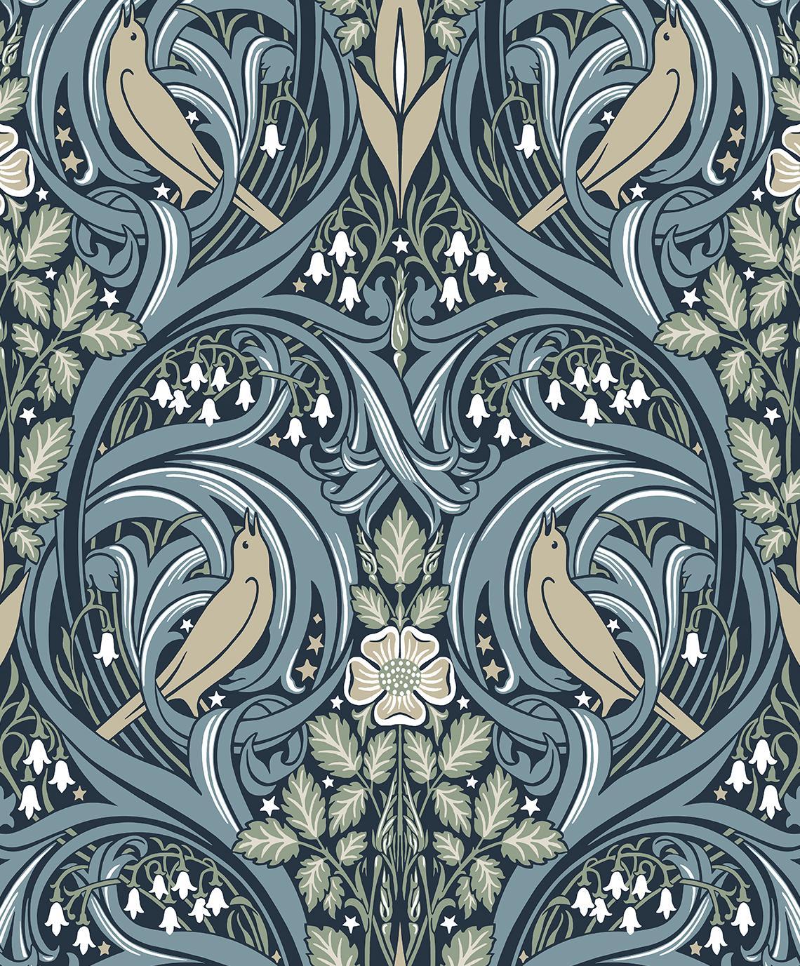 Seabrook Bird Scroll Navy & Beige Wallpaper