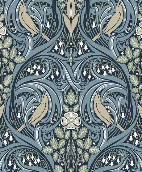 Seabrook Bird Scroll Navy & Beige Wallpaper