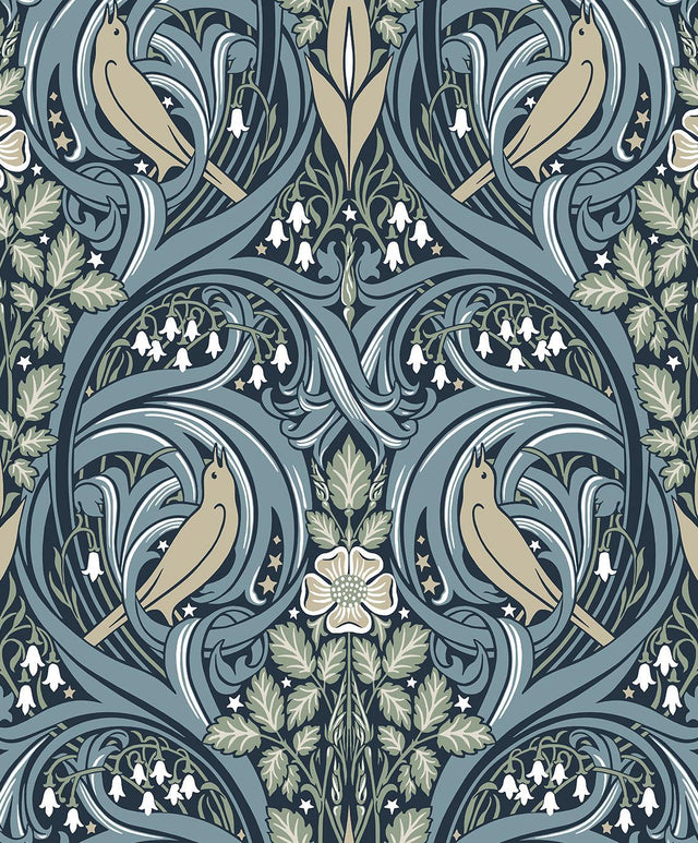Seabrook Bird Scroll Navy & Beige Wallpaper