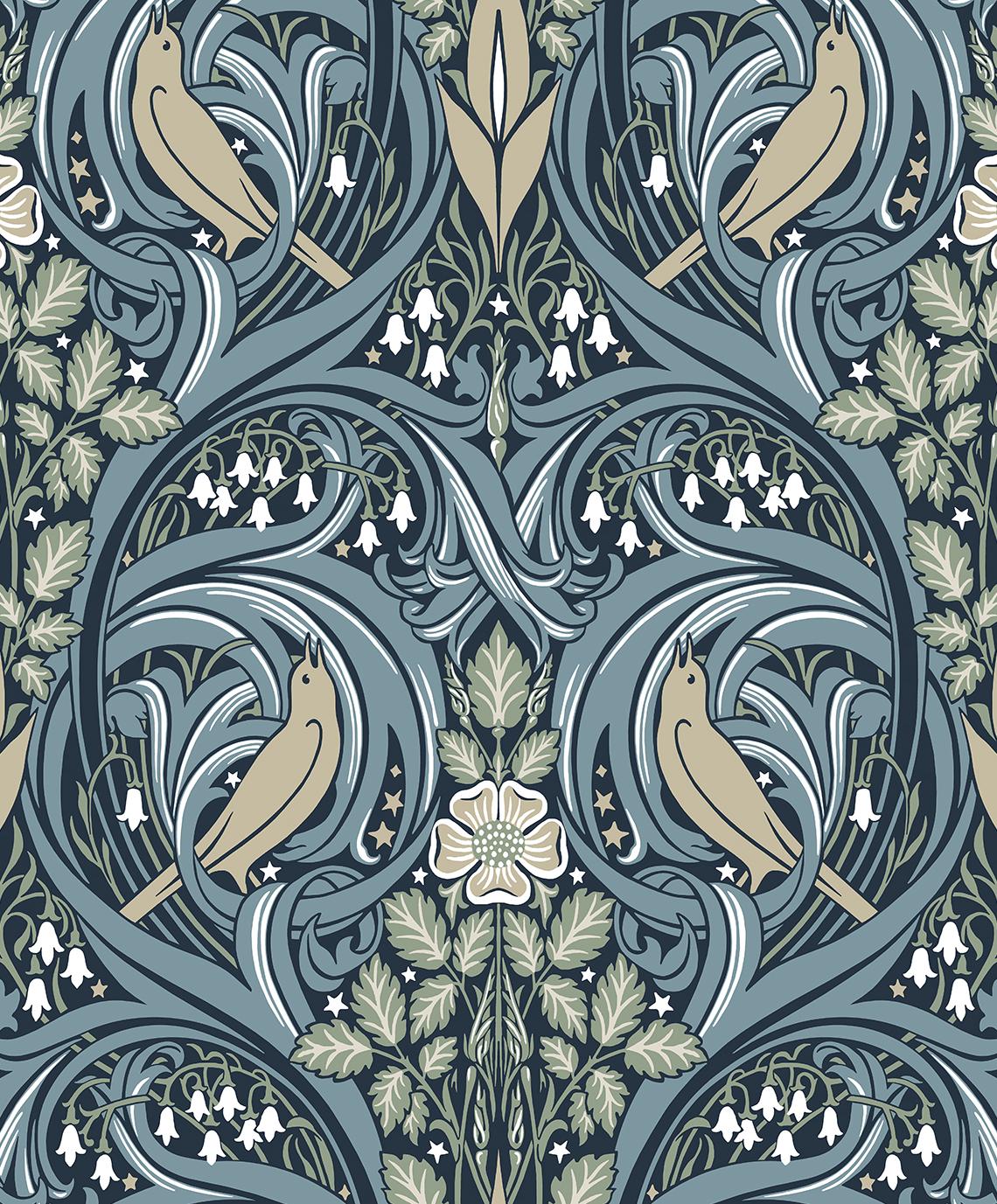 Seabrook Bird Scroll Blue Wallpaper