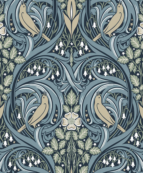 Seabrook Bird Scroll Blue Wallpaper