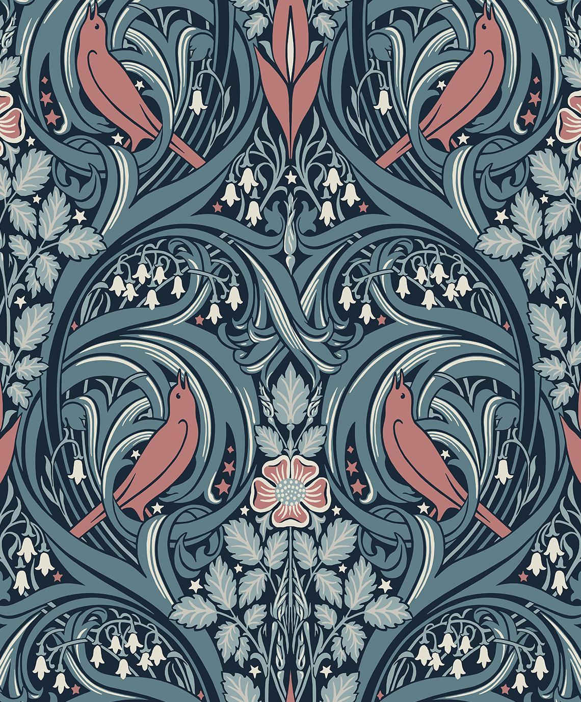 Seabrook Bird Scroll Aegean Teal & Coral Wallpaper