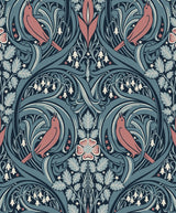 Seabrook Bird Scroll Aegean Teal & Coral Wallpaper