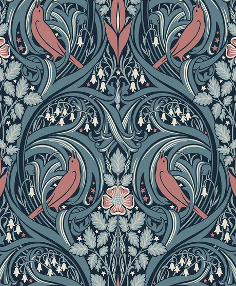 Seabrook Bird Scroll Aegean Teal & Coral Wallpaper