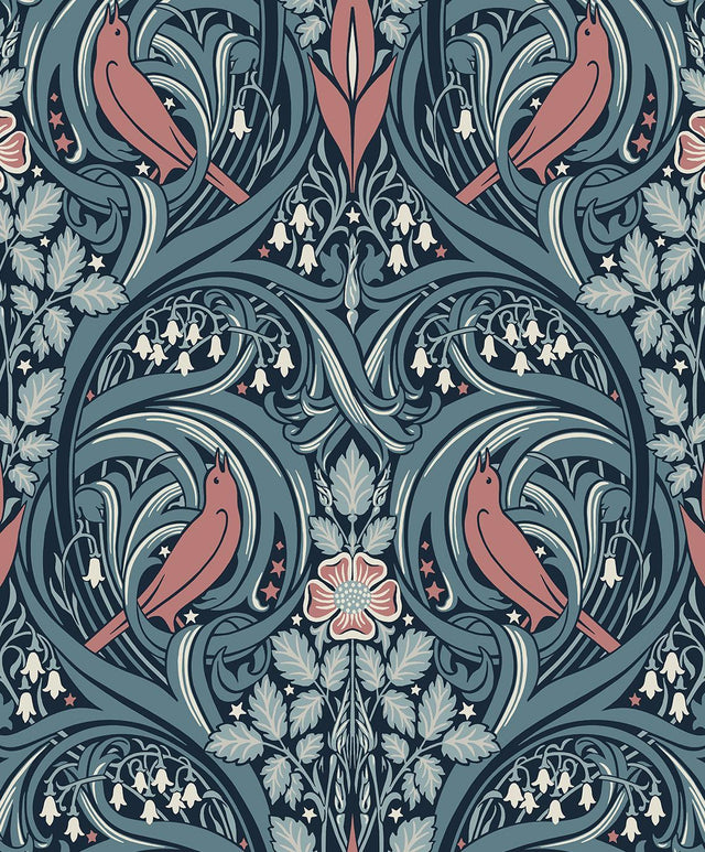 Seabrook Bird Scroll Aegean Teal & Coral Wallpaper