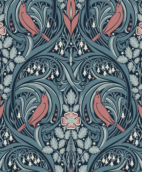 Seabrook Bird Scroll Blue Wallpaper