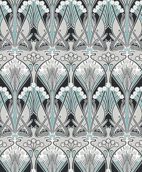 Seabrook Dragonfly Damask Ebony & Aqua Wallpaper