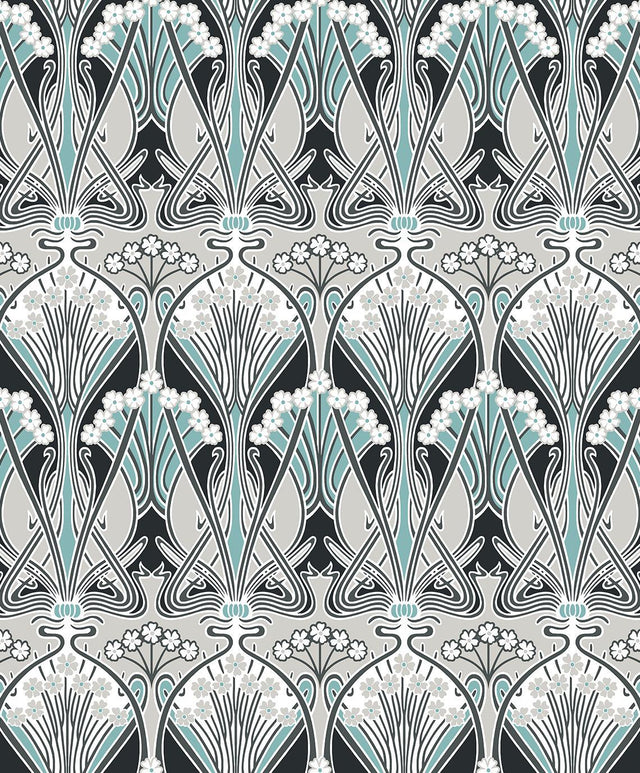 Seabrook Dragonfly Damask Ebony & Aqua Wallpaper