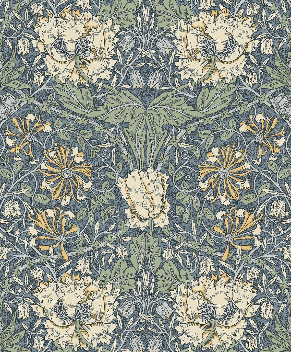 Seabrook Ogee Flora Blue Lake & French Vanilla Wallpaper
