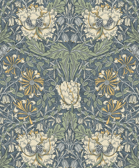 Seabrook Ogee Flora Blue Lake & French Vanilla Wallpaper