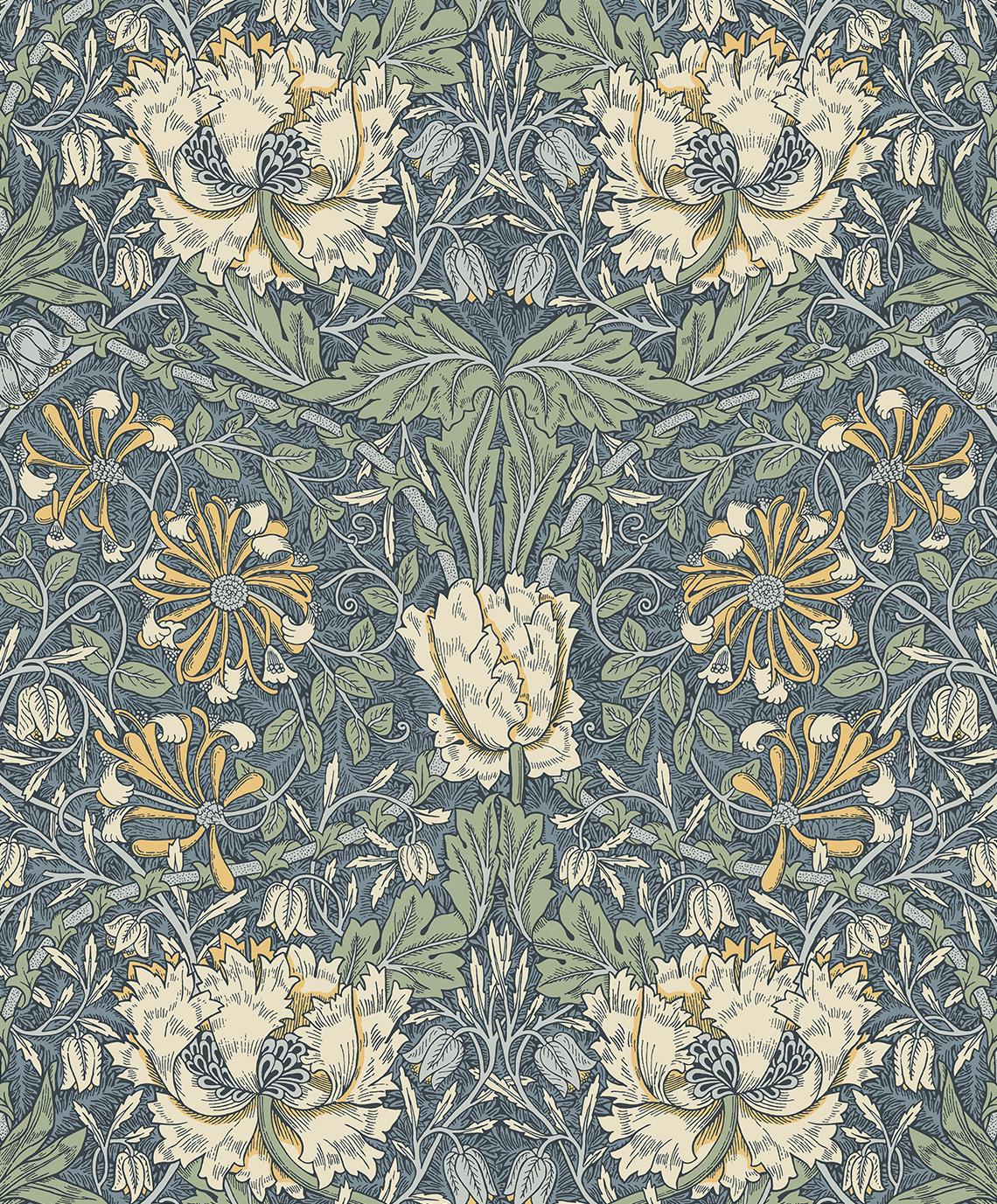 Seabrook Ogee Flora Blue Wallpaper