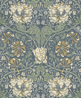 Seabrook Ogee Flora Blue Wallpaper