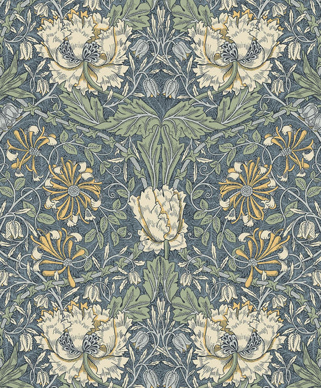 Seabrook Ogee Flora Blue Wallpaper