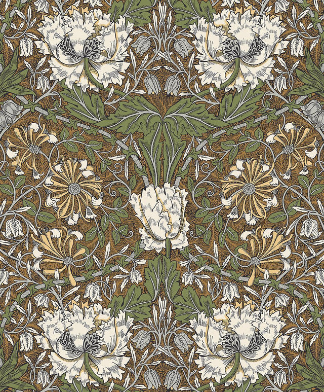 Seabrook Ogee Flora Dijon & Sage Wallpaper