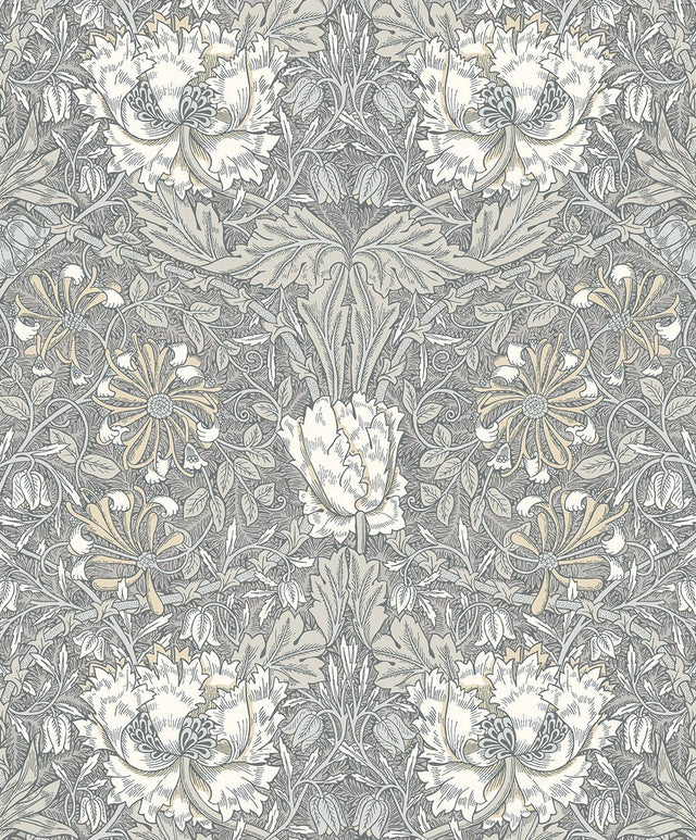 Seabrook Ogee Flora Stone Grey & Desert Sand Wallpaper