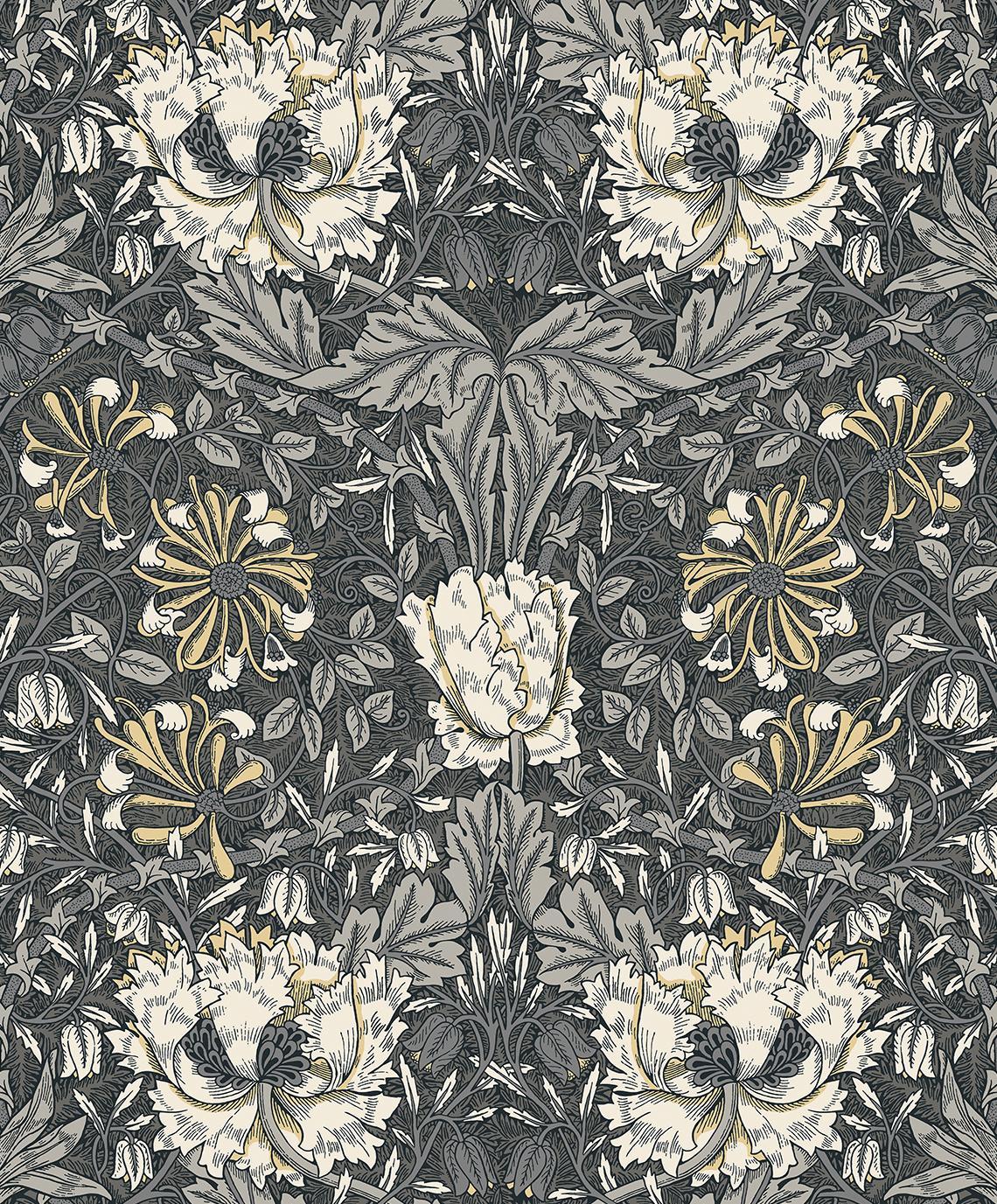 Seabrook Ogee Flora Charcoal & Goldenrod Wallpaper