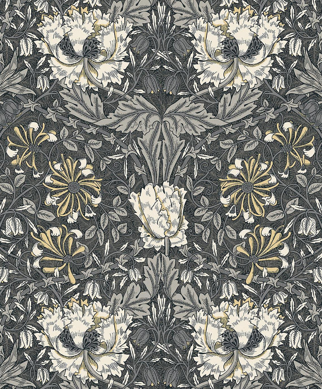 Seabrook Ogee Flora Charcoal & Goldenrod Wallpaper