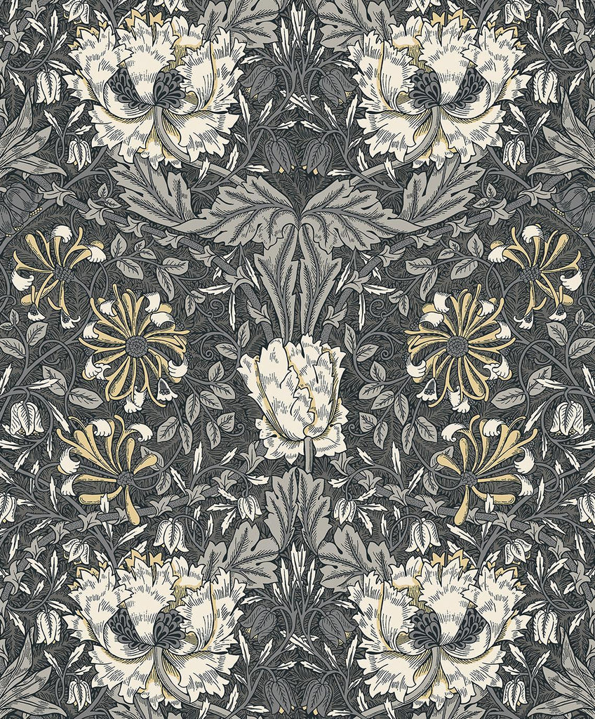 Seabrook Ogee Flora Charcoal & Goldenrod Wallpaper
