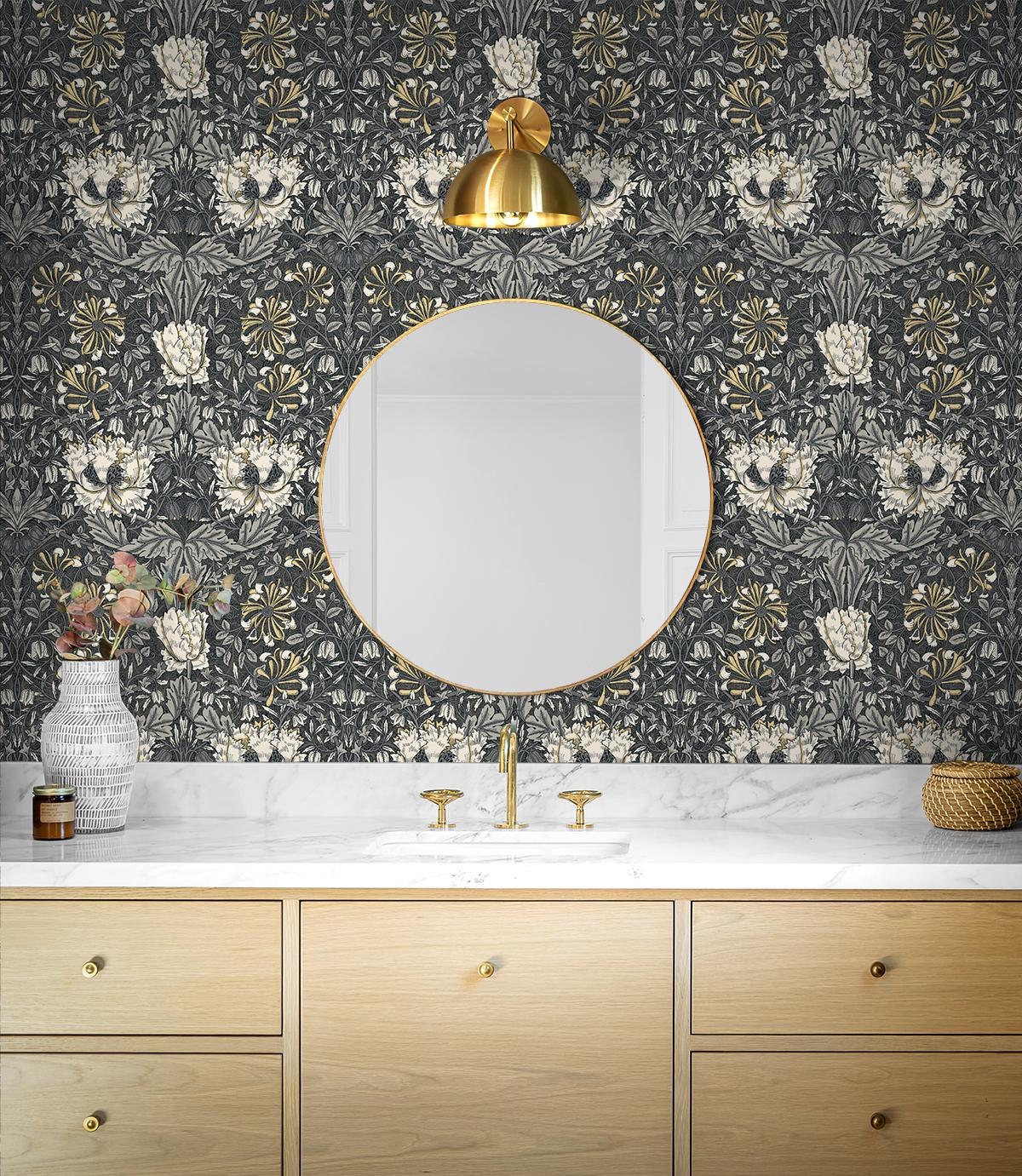 Seabrook Ogee Flora Grey Wallpaper