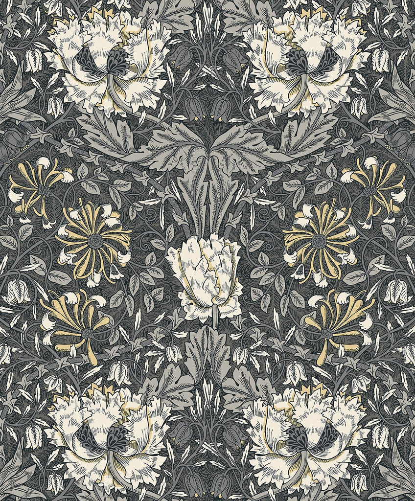 Seabrook Ogee Flora Grey Wallpaper