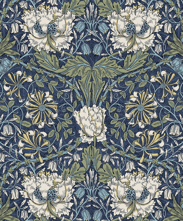 Seabrook Ogee Flora Indigo Dye & Thyme Wallpaper