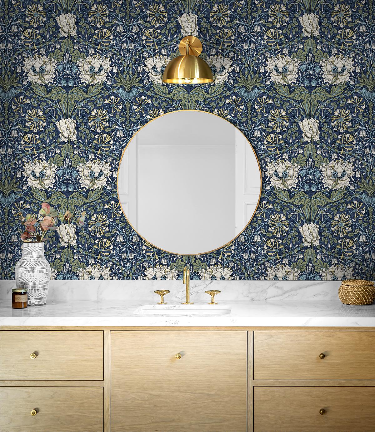 Seabrook Ogee Flora Blue Wallpaper