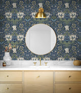 Seabrook Ogee Flora Blue Wallpaper