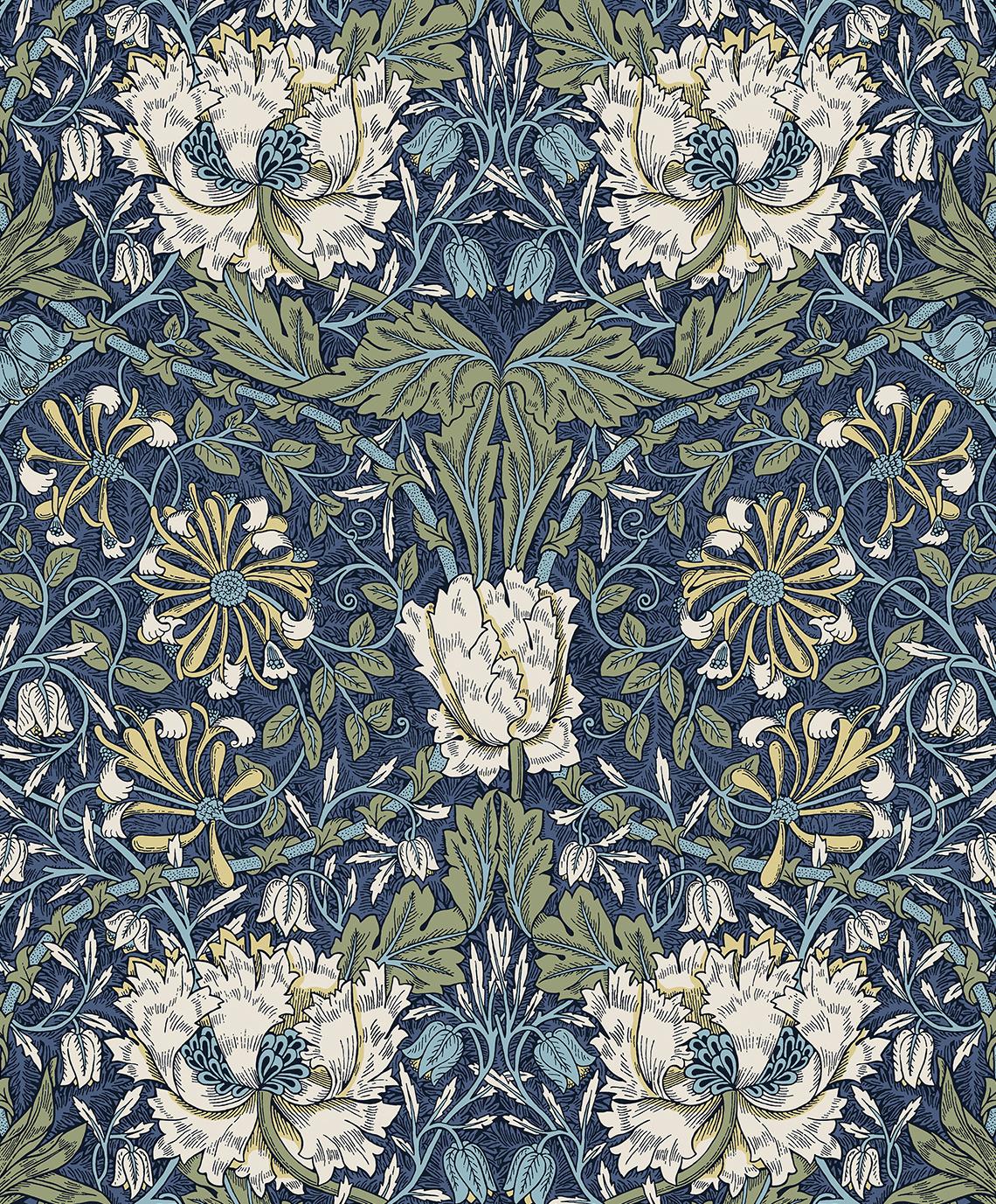 Seabrook Ogee Flora Blue Wallpaper