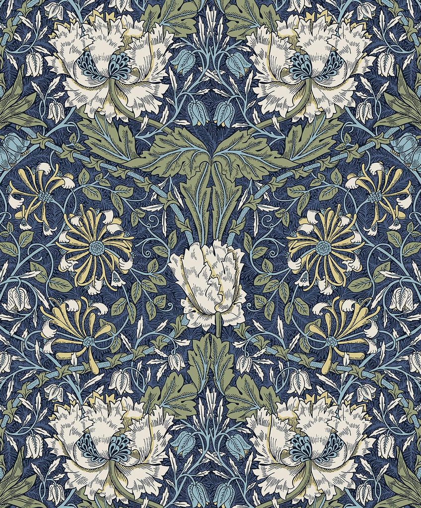 Seabrook Ogee Flora Blue Wallpaper