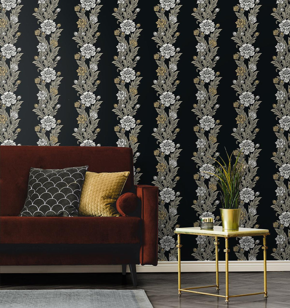 Seabrook Blooming Stripe Black Wallpaper