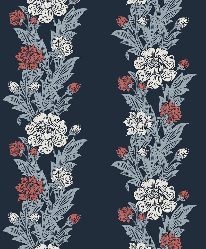 Seabrook Blooming Stripe Deep Navy & Berry Wallpaper