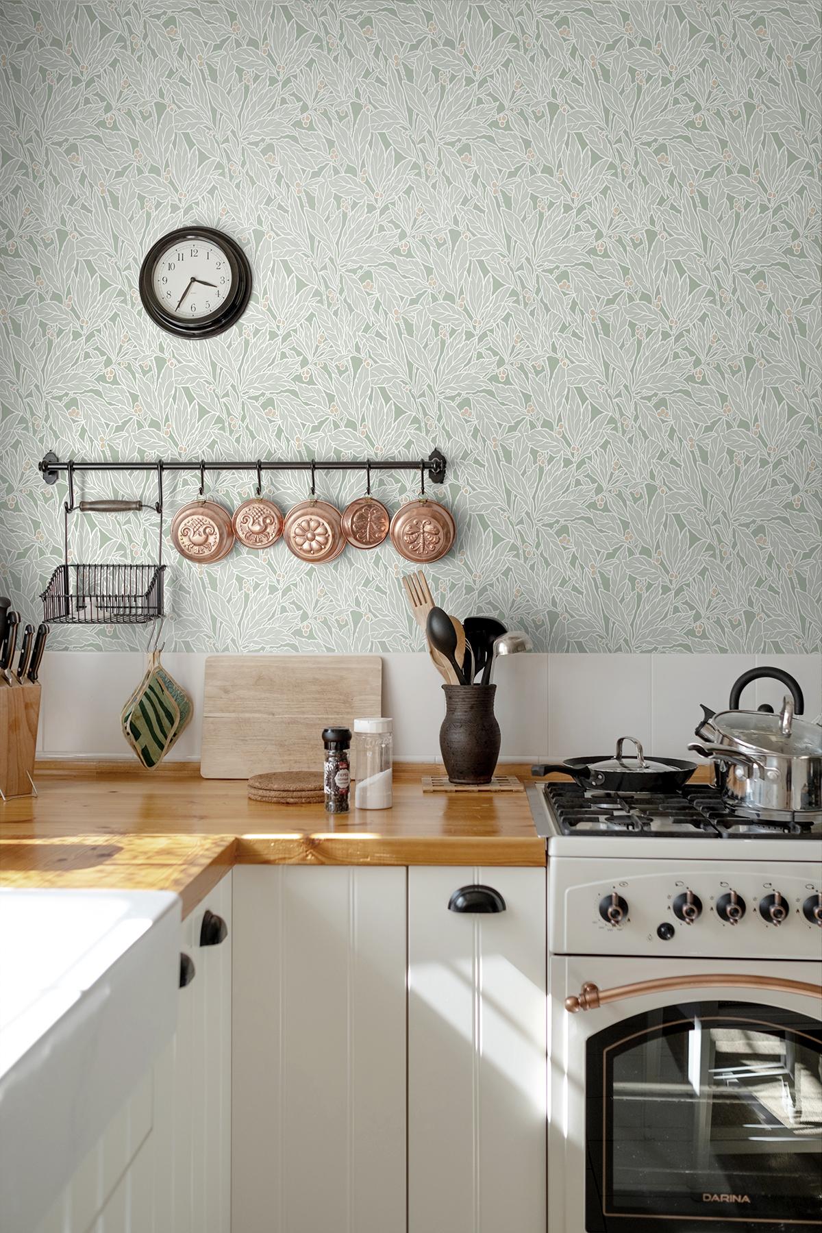 Seabrook Leaf and Berry Green Wallpaper