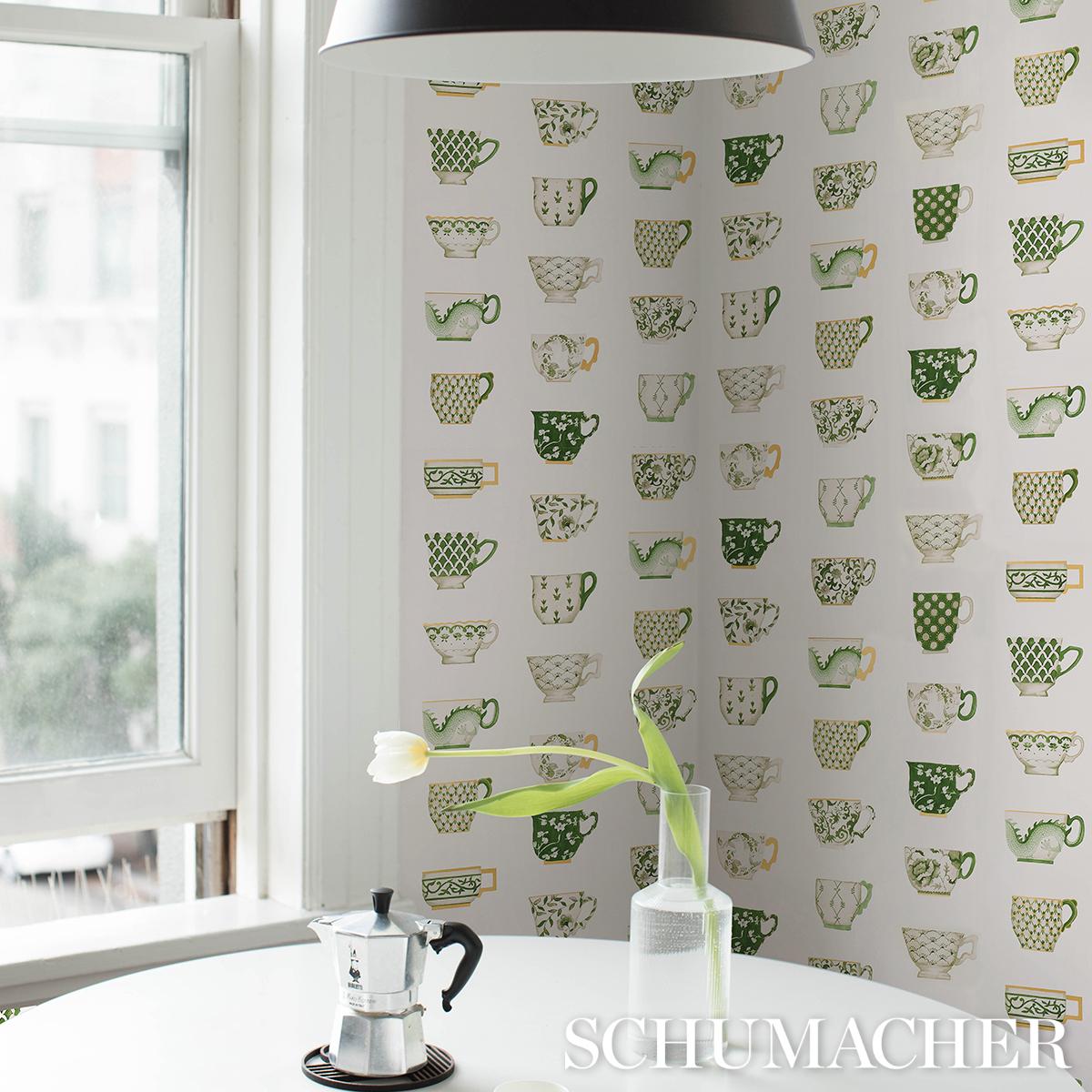 Schumacher Onie'S Teacups Spring Green Wallpaper