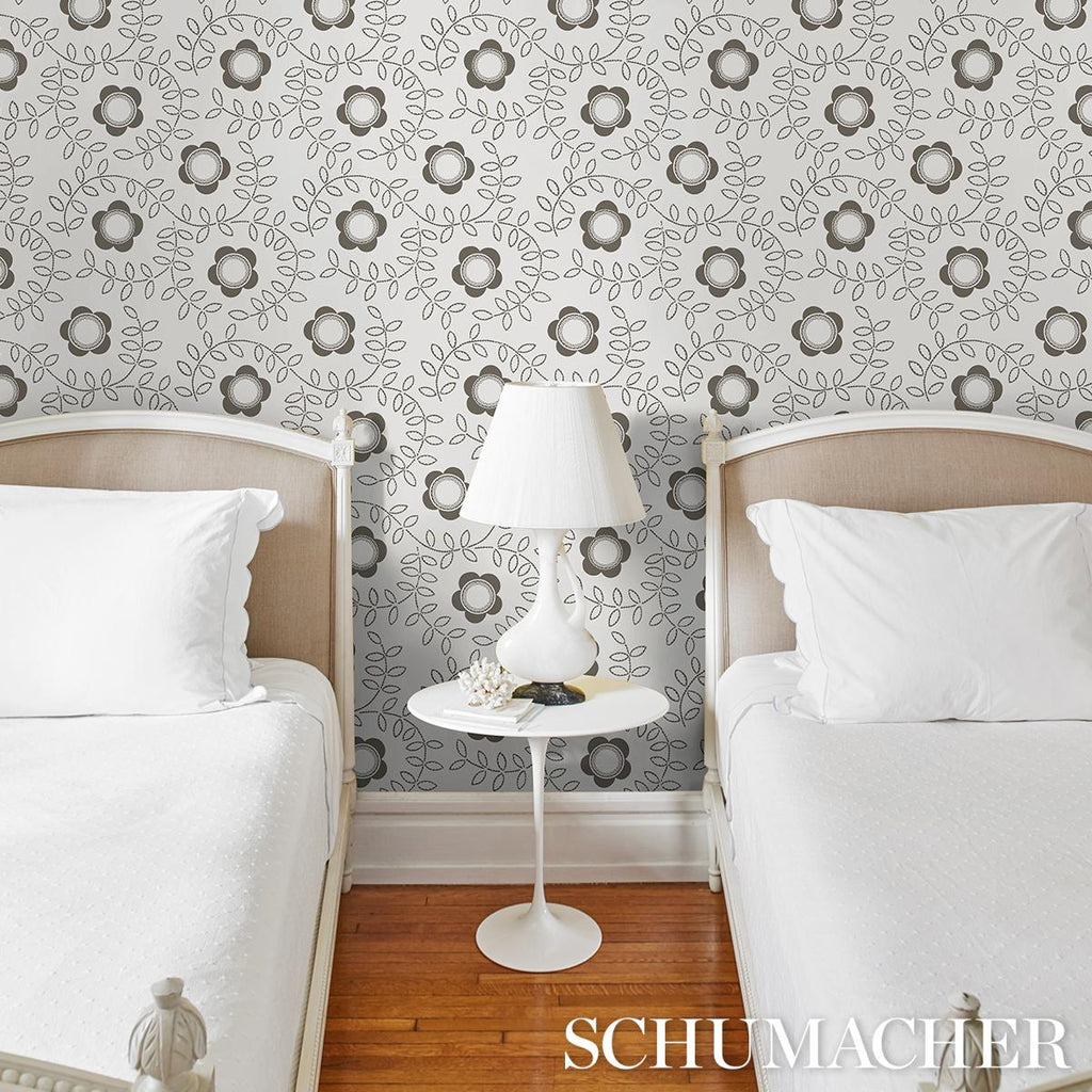 Schumacher Tudor Rose Charcoal White Wallpaper