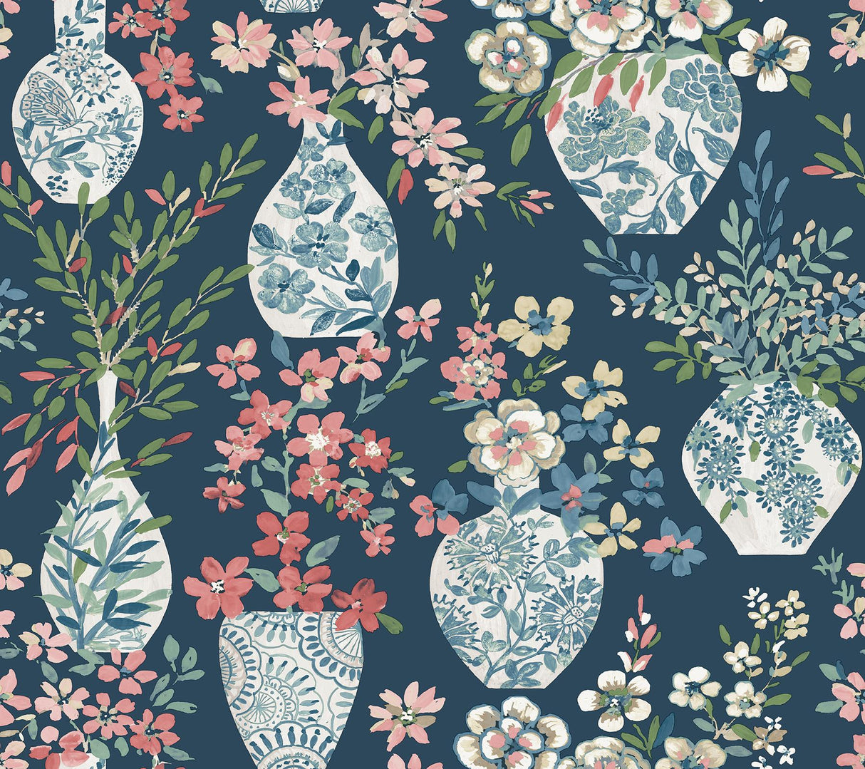 A-Street Prints Harper Teal Floral Vase Wallpaper