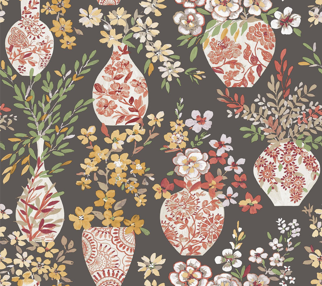A-Street Prints Harper Brown Floral Vase Wallpaper