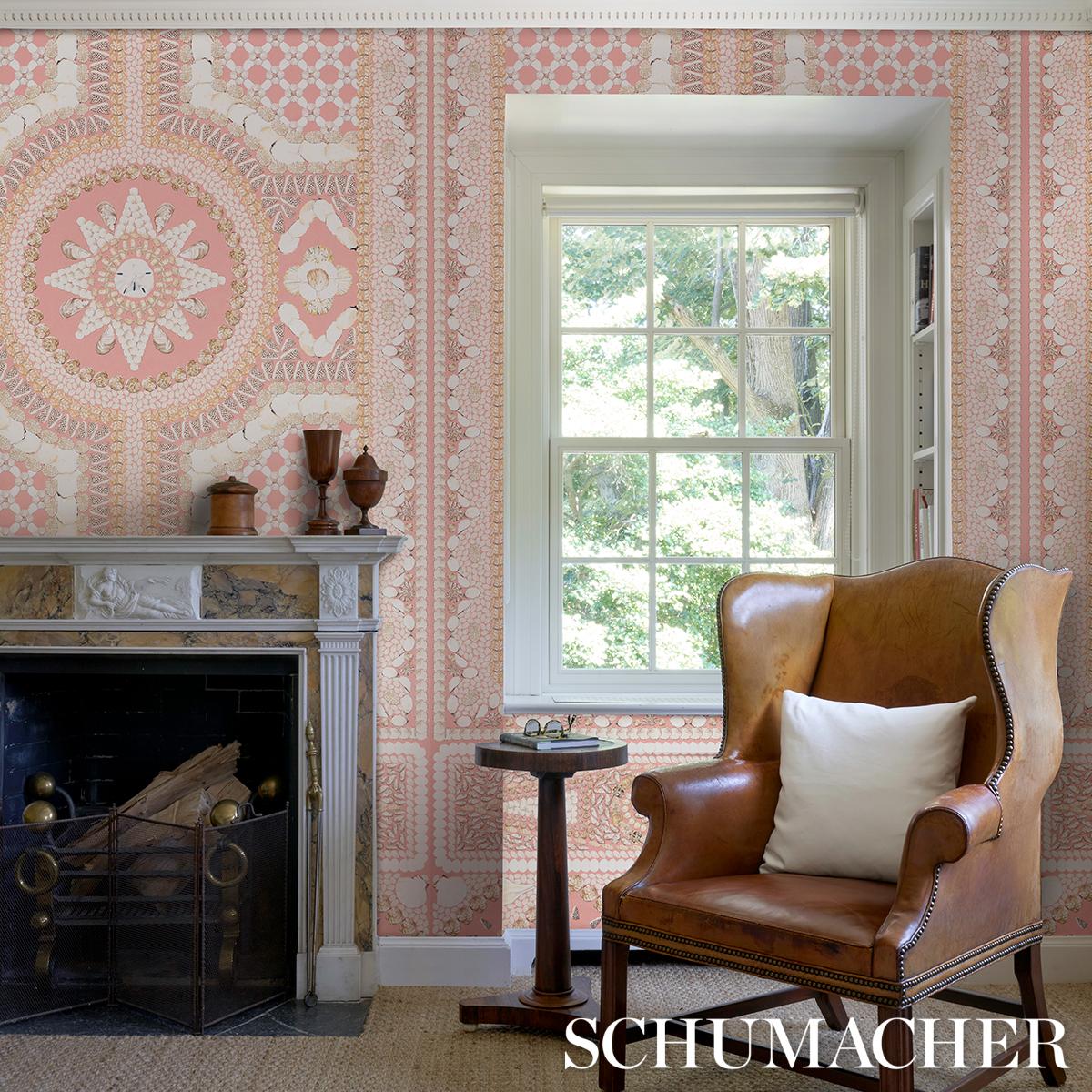 Schumacher Shell Grotto Panel A Coral Wallpaper