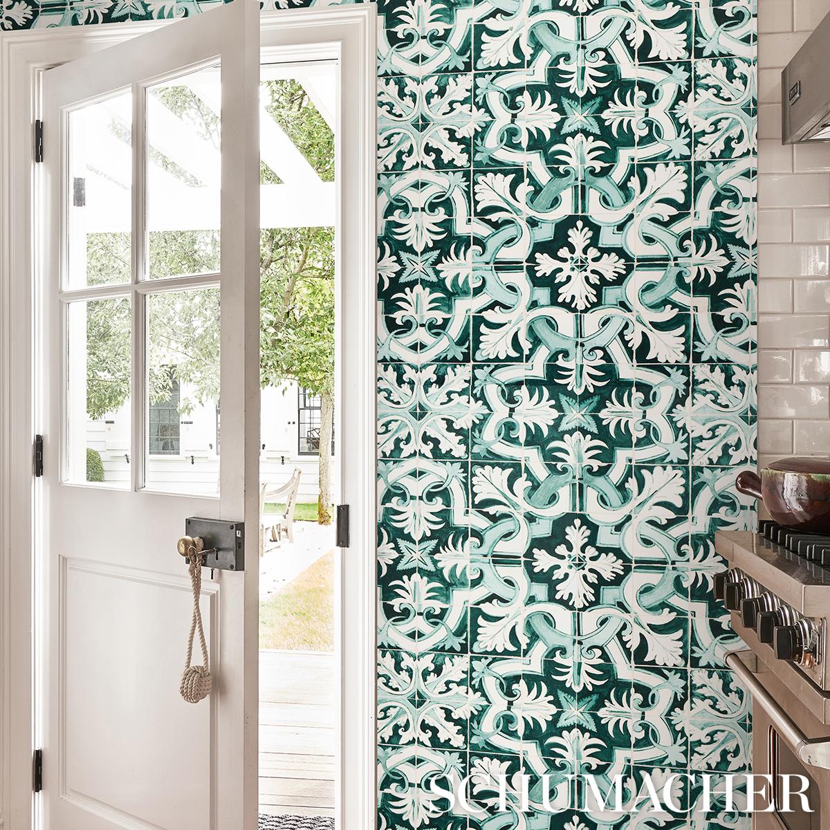 Schumacher Azulejos Emerald Wallpaper