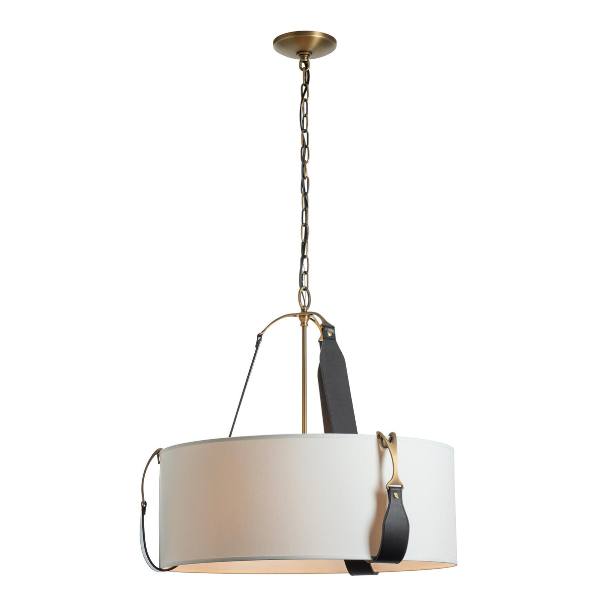 Hubbardton Forge 2021 Antique Brass Black Leather Natural Anna Shade (SF) Saratoga Small Pendant