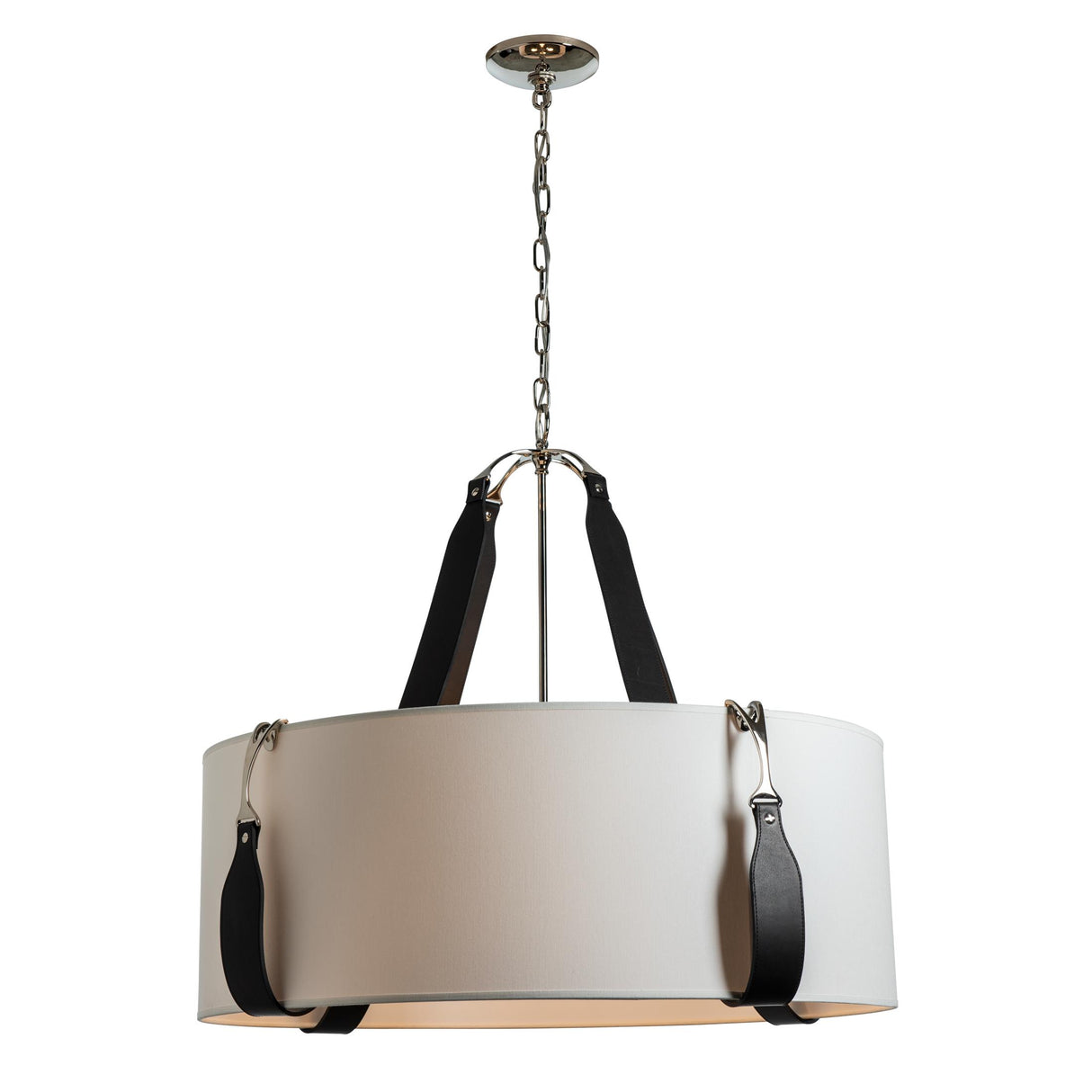 Hubbardton Forge 2021 Polished Nickel Black Leather Natural Anna Shade (SF) Saratoga Large Pendant
