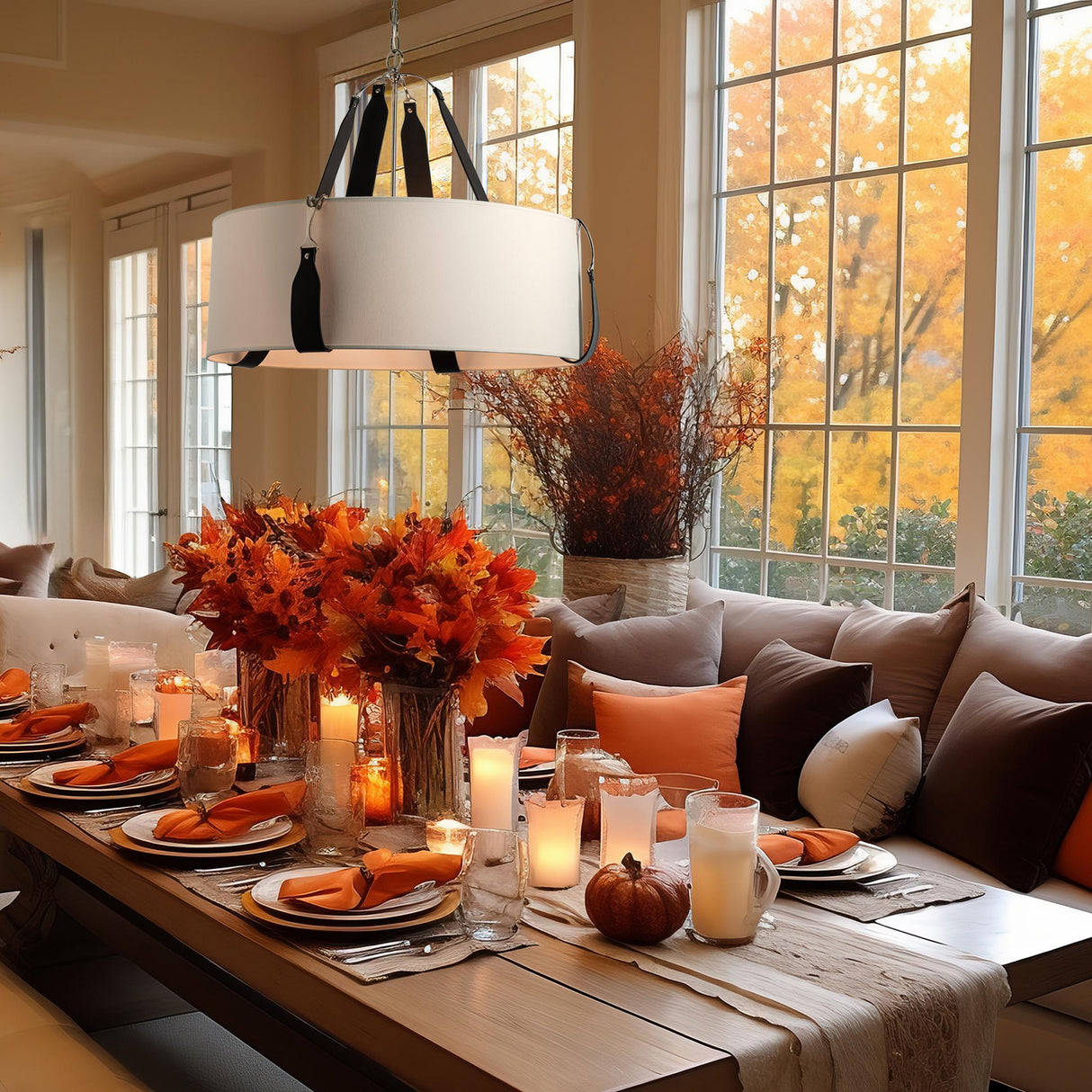 Hubbardton Forge 2021 Polished Nickel Black Leather Natural Anna Shade (SF) Saratoga Large Pendant