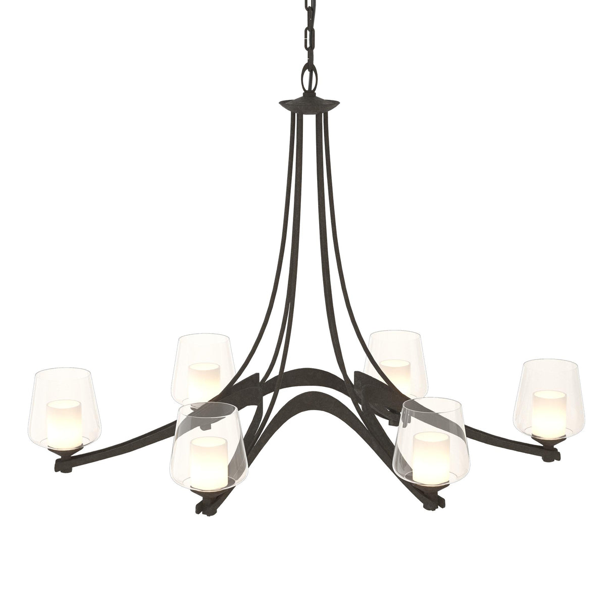 Hubbardton Forge 2010 Dark Smoke Clear Glass with Opal Diffuser (ZU) Oval Ribbon 6 Arm Chandelier
