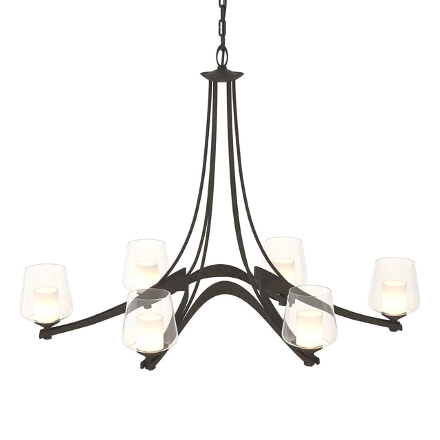 Hubbardton Forge 2010 Dark Smoke Clear Glass with Opal Diffuser (ZU) Oval Ribbon 6 Arm Chandelier