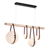 Hubbardton Forge 2021 Black Polished Nickel British Brown Leather Maple Wood Opal Glass (GG) Standard Derby Linear 4-Light LED Pendant
