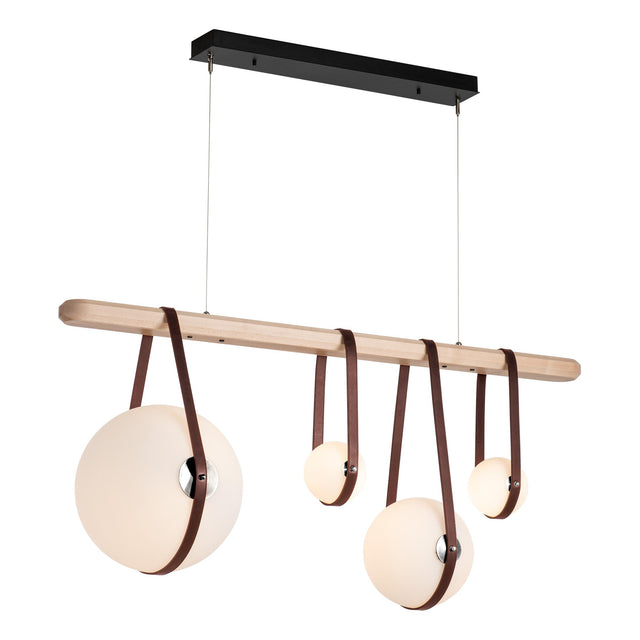 Hubbardton Forge 2021 Black Polished Nickel British Brown Leather Maple Wood Opal Glass (GG) Standard Derby Linear 4-Light LED Pendant