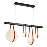 Hubbardton Forge 2021 Black Polished Nickel Chestnut Leather Black Wood Opal Glass (GG) Standard Derby Linear 4-Light LED Pendant