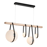 Hubbardton Forge 2021 Black Polished Nickel Black Leather Maple Wood Opal Glass (GG) Standard Derby Linear 4-Light LED Pendant