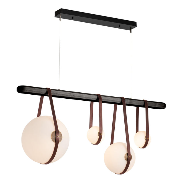 Hubbardton Forge 2021 Black Antique Brass British Brown Leather Black Wood Opal Glass (GG) Standard Derby Linear 4-Light LED Pendant